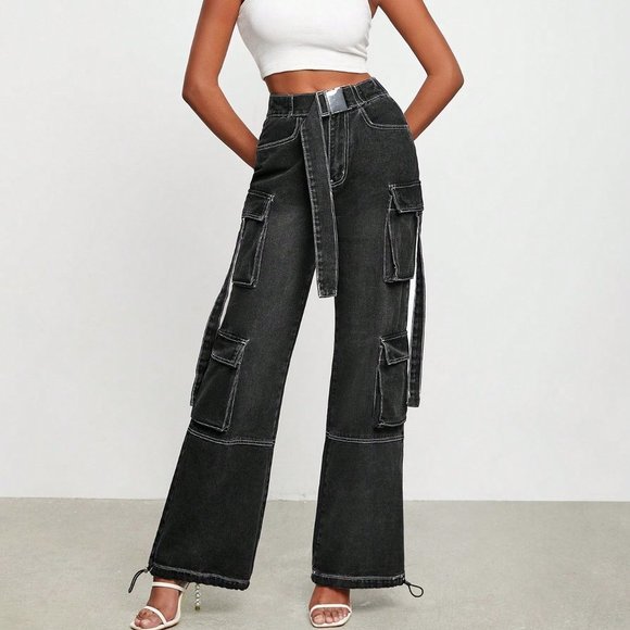 Black Casual Womens Flap Pocket Belted Cargo Jeans - Picture 2 of 5